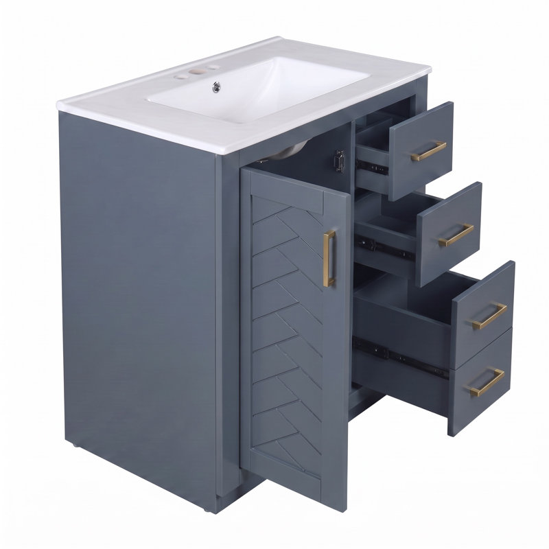 Ensemble de meuble-lavabo en bois massif 30 po + panneau de fibres à densité moyenne avec lavabo en céramique avec 3 tiroirs et portes à fermeture douce