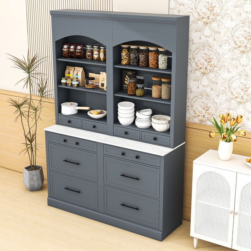 Ensemble de 2 grands garde-manger autoportants avec plateau en faux marbre, tiroirs et tablette réglable, Gris / noir