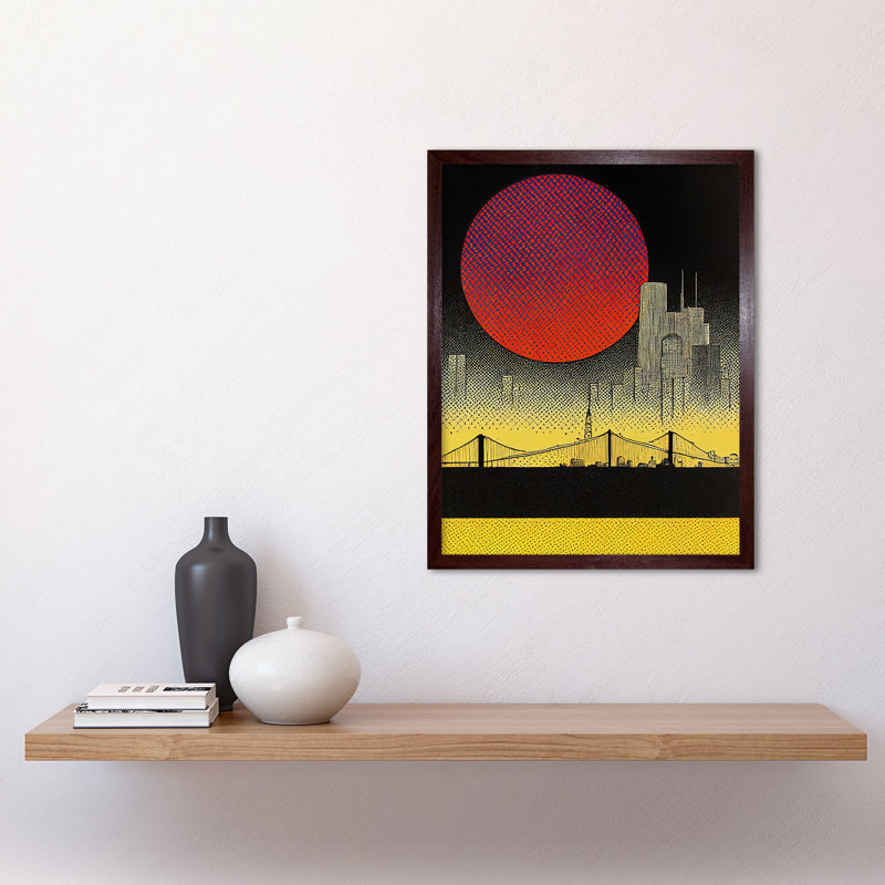 Pop Art Sunset Manhattan Bridge Skyline - Rectangle Print, 43cm H x 33cm W x 2cm D, Brown Framed Paper