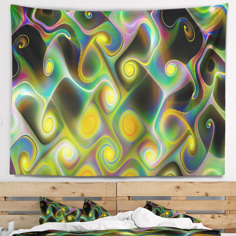 Tapisserie abstraite à motif fractal jaune avec tourbillons, H 32 po x l 39 po