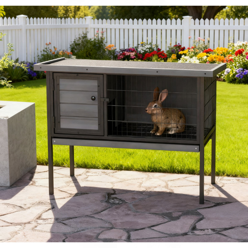 Cage à lapin en bois surélevée sans plateau de fuite, gris