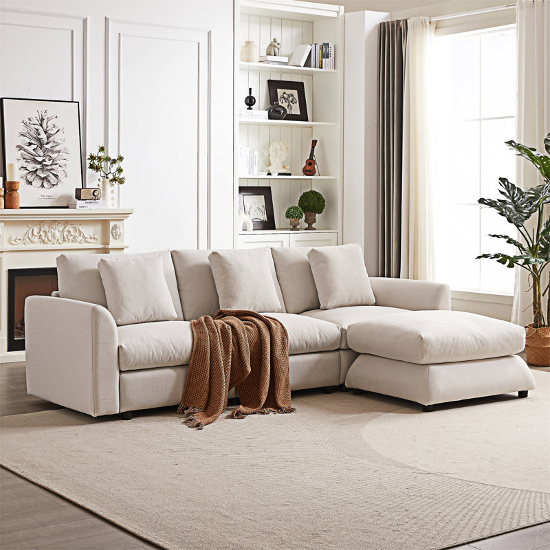Canapé modulaire avec repose-pieds et trois coussins, Tissu beige