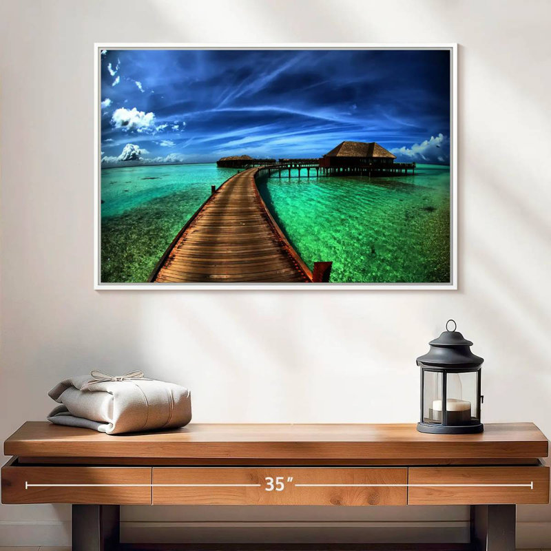 Maldives Bungalow Dock, Floating Frame White, 25" X 17"
