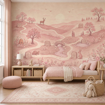 Papier peint paysage de contes amovibles rose pastel