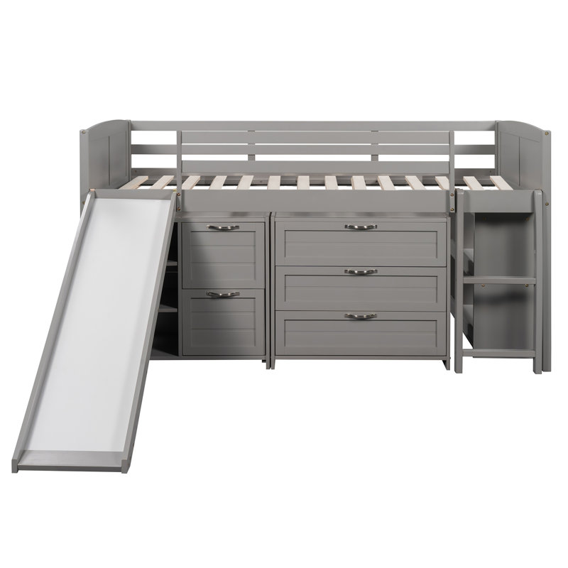 Lit mezzanine bas simple avec armoires, tablettes et glissade, Gris
