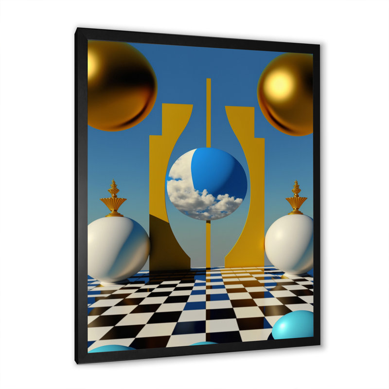 " Golden Spheres Infinity III ", Black Picture Framed Canvas, 20" H x 12" W x 1" D