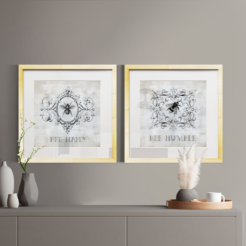 Bee Happy - Ensemble de 2 tableaux encadrés sous verre acrylique, grand format, pour salon