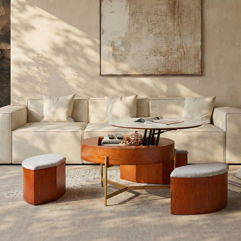 Table basse à plateau relevable avec tabourets de rangement - Pierre frittée et placage de noyer