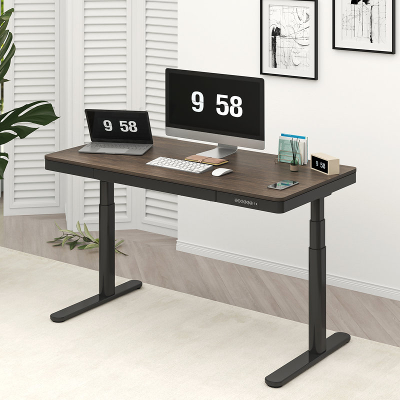 Landaverde 55"x28" Dual Motors Height Adjustable Standing Desk Wireless Charging with Drawer, Black, Dark Bamboo