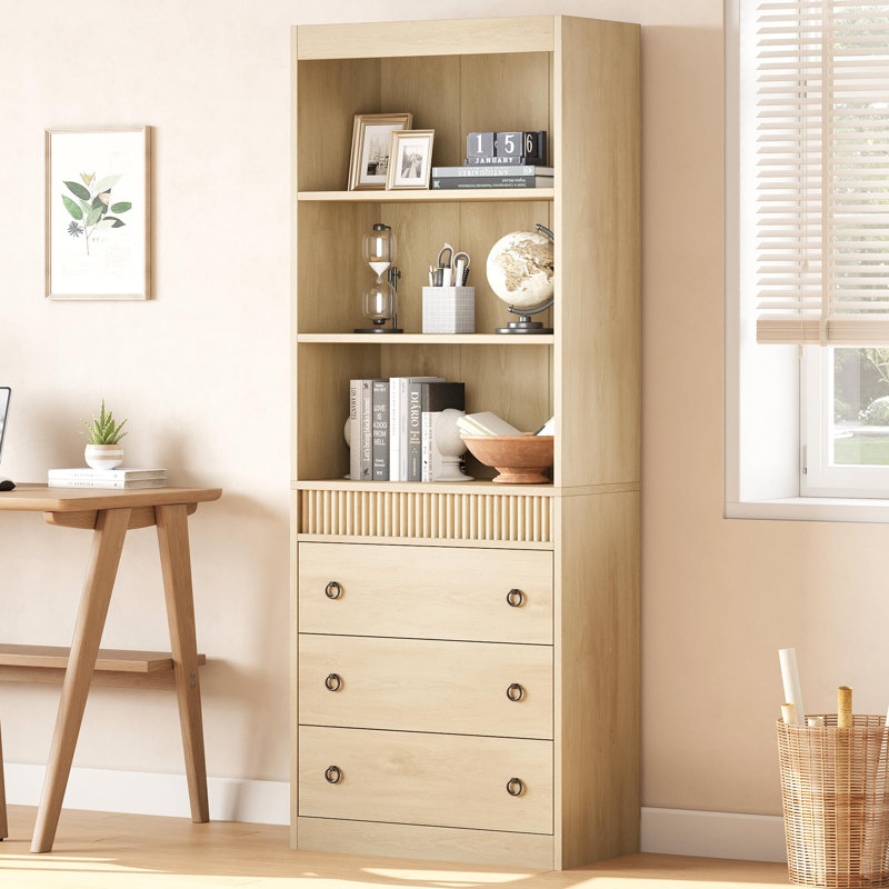 Fluted Bookshelf with Drawers, 6-Tier Tall Bookcase with Cabinet, Modern Wood Display Shelf, Yellow