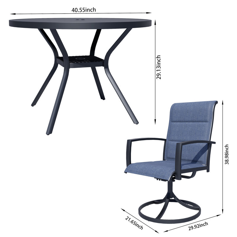  5-Piece Patio Dining Set, Blue Foamed PVC-coated polyester Swivel Patio Chairs + 37" Square Metal Dining Table with Umbrella Hole, Vibrant Outdoor Entertaining Set