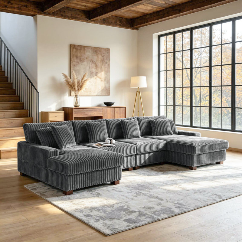 4 - Piece Upholstered Gray Faux Rabbit Fur Flannel Modular Sectional Sofa with Armrests & Throw Pillows, Gray Faux Fur