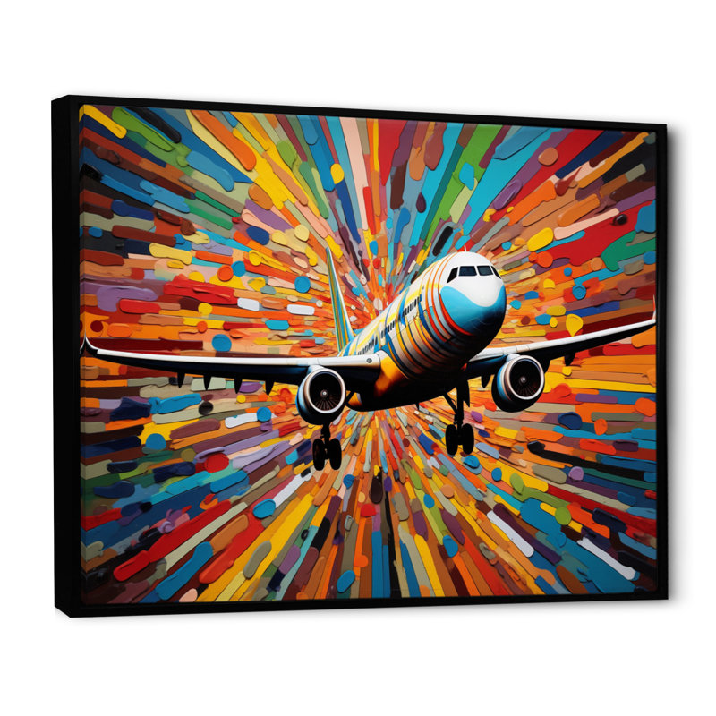 Plane Colorful Whimsical Takeoff, reproduction d'art sur toile, Cadre flottant noir, H 16 po x l 32 po