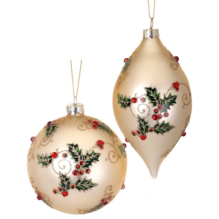  Holly Leaf Hand Blown Glass 3 Ball Christmas Ornament - Case  of 6 : Home & Kitchen