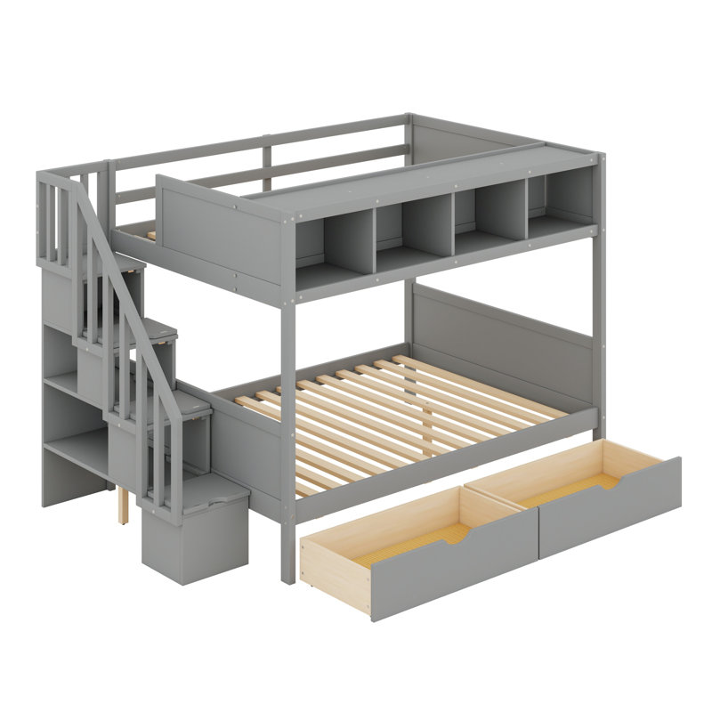Lit superposé avec tablettes, escalier de rangement et 2 tiroirs, Gris