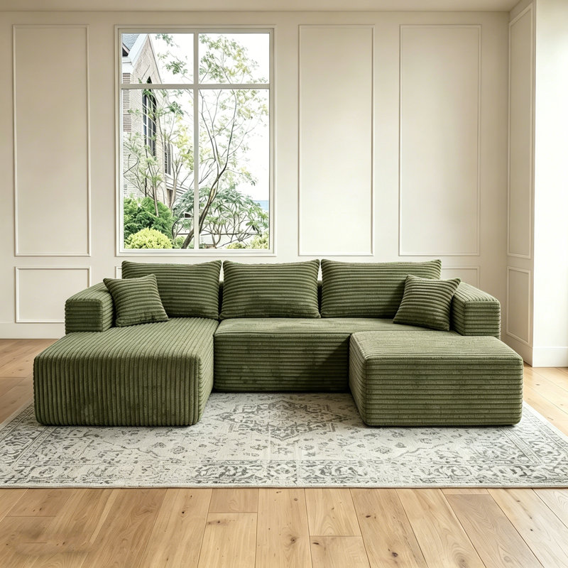 Ensemble de canapé modulaire à compression en forme de U 92,5 po Boneless, Vert, Face à la gauche