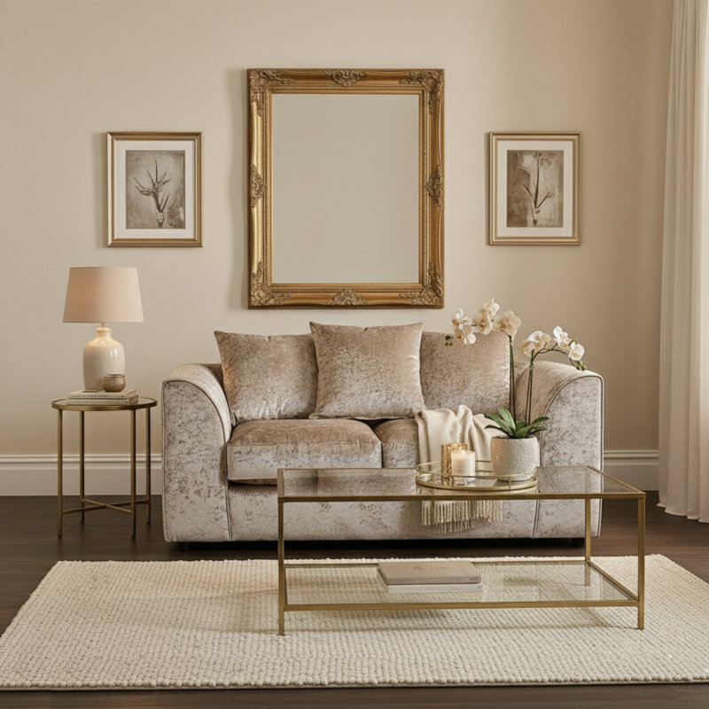 2 Seater Velvet Sofa, Beige