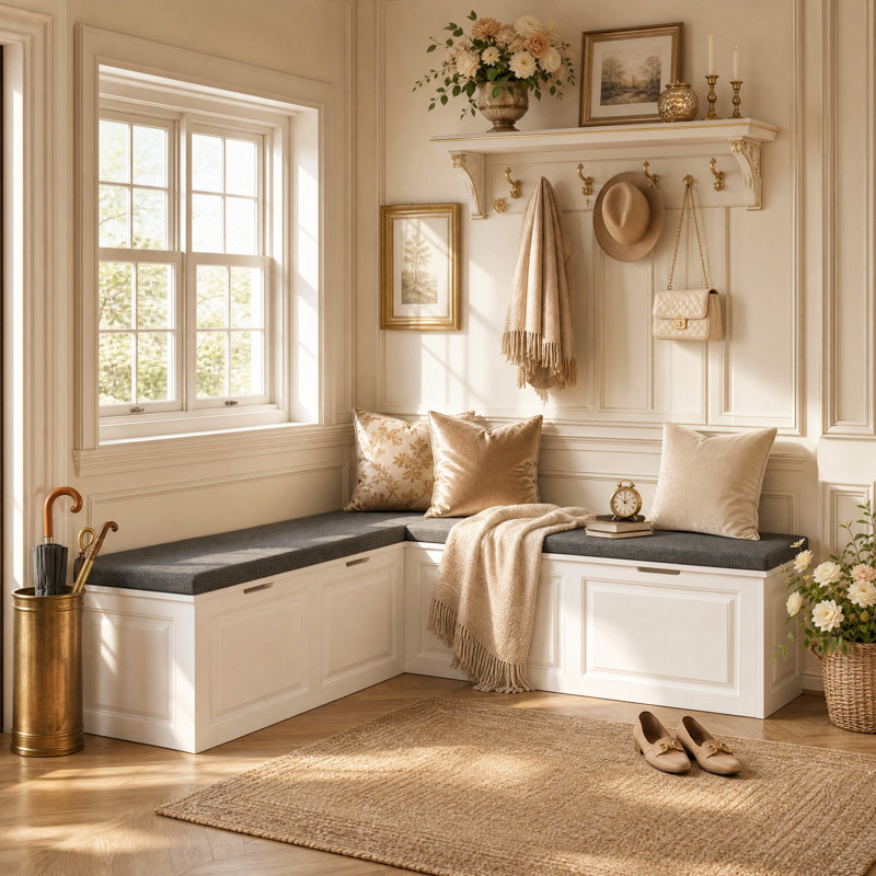 L-Shaped Storage Bench with Cushioned Seating, Corner Dining Nook Bench with Hidden Storage for Kitchen, Entryway and Bedroom