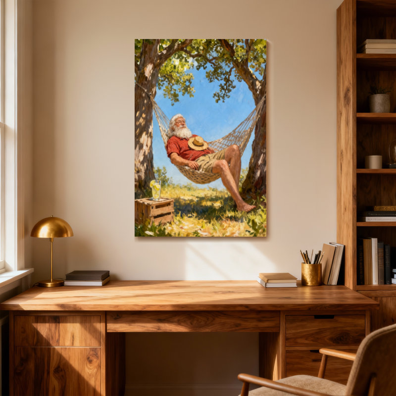Christmas Relaxed Santa In Hammock Under Tree, 18" H x 12" W