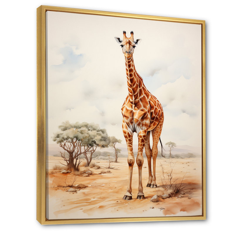 Girafe brune brune et brune sur toile, H 32 po x l 16 po x P 1 po, Cadre flottant doré