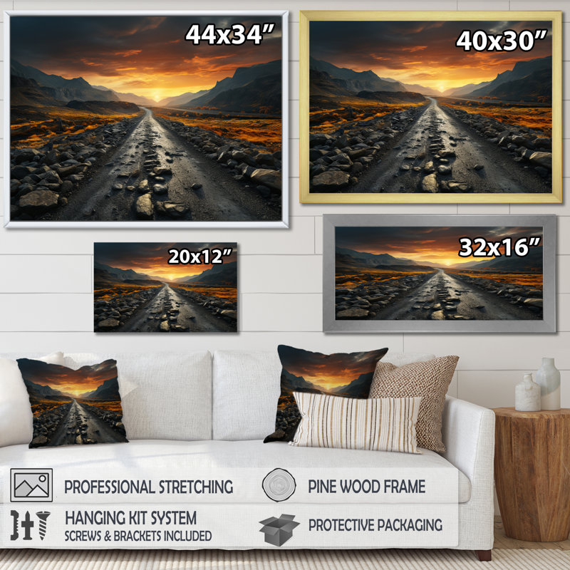 Road or et gris coucher de soleil I sur toile, H 12 po x l 20 po x P 1 po, Cadre flottant doré