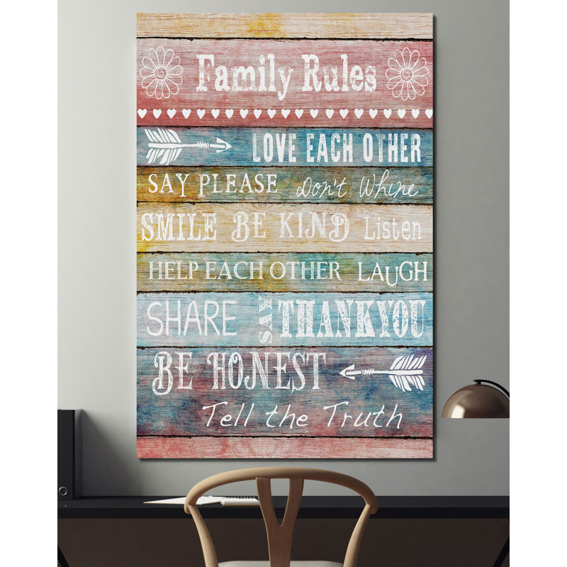 Family Rules - reproduction d'art textuel sur toile, H 48 po x l 32 po x P 1,5 po, Toile tendue