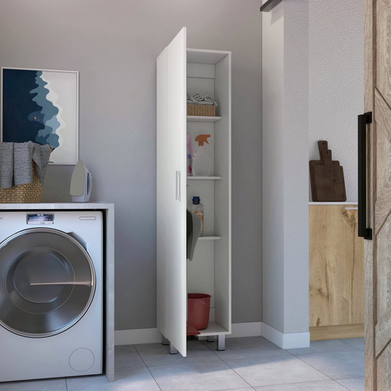 Armoire de rangement H 71 po, quatre tablettes internes, trois crochets à balais, Blanc, H 71 po x l 12,4 po x P 15,8 po
