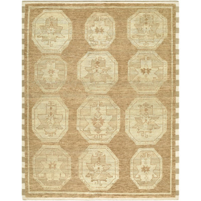 Besni Hand Knotted Wool Ikat Area Rug in Tan