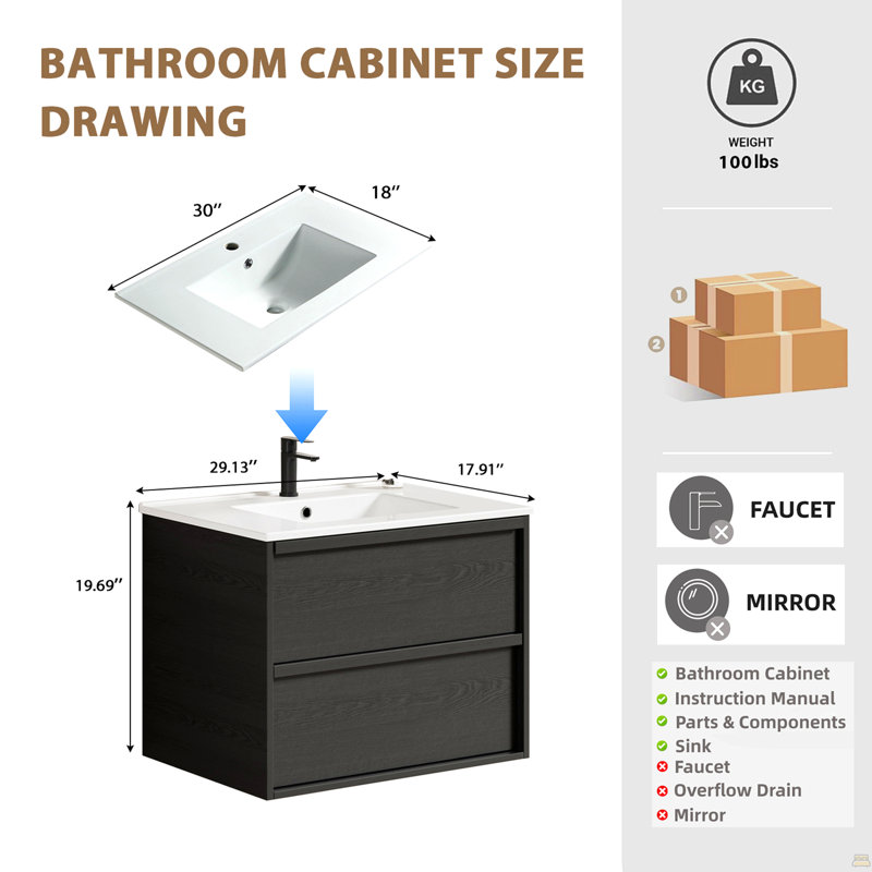 Meuble-lavabo 30 po avec lavabo en céramique, 30"