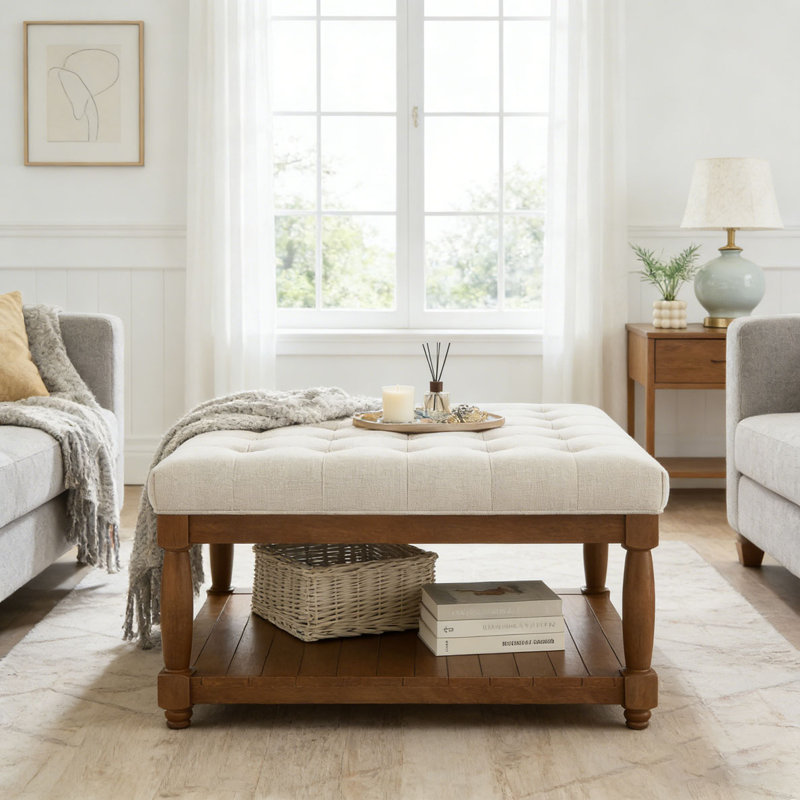 Upholstered Tufted Linen Ottoman Coffee Table, Square, Ivory