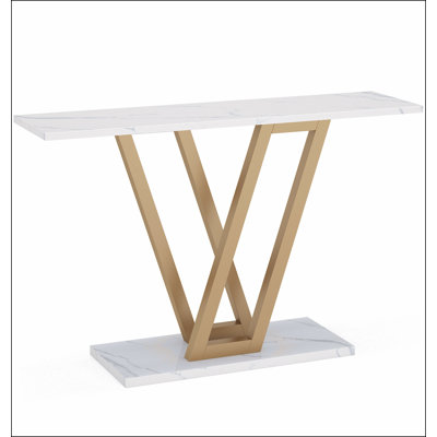 Console moderne 43 po avec plateau en faux marbre, table d'entrée étroite avec structure en métal à pieds en V, table de canapé mince pour le couloir, le salon ou le vestibule