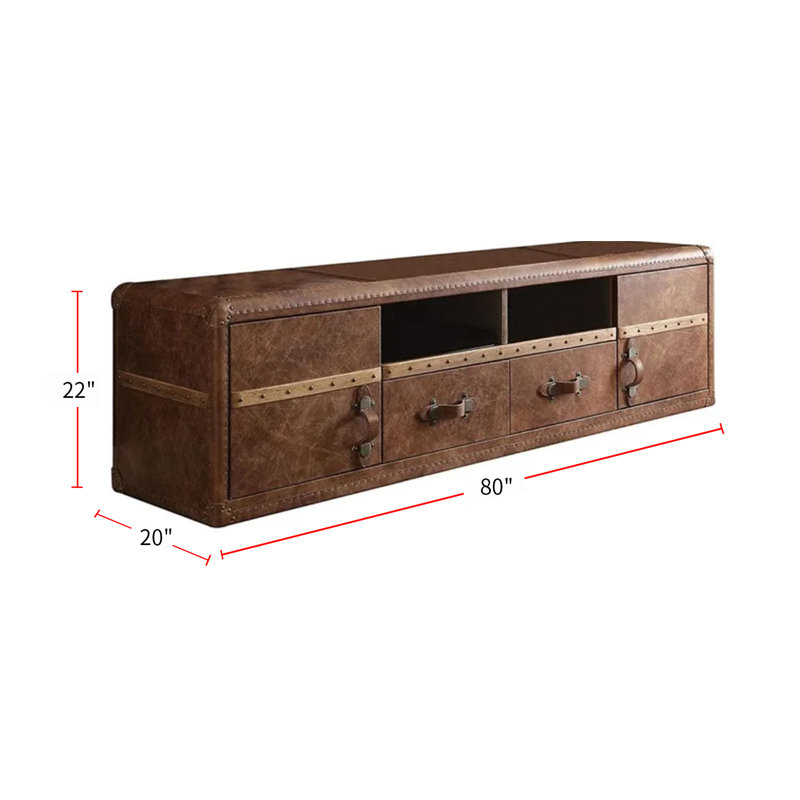 Retro Brown Top Grain Leather TV Stand with Cabinet