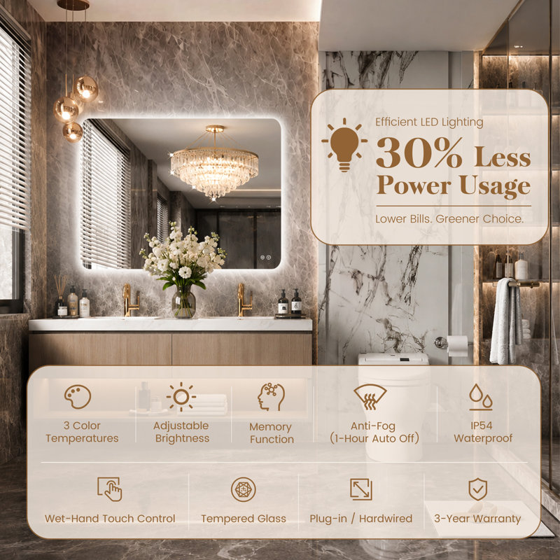 Backlit LED Bathroom Vanity Mirror, Frameless Soft Rounded Corner, Dimmable 3 Color Light, Anti-Fog, Shatterproof Tempered Glass, IP64, UL/ETL Certified