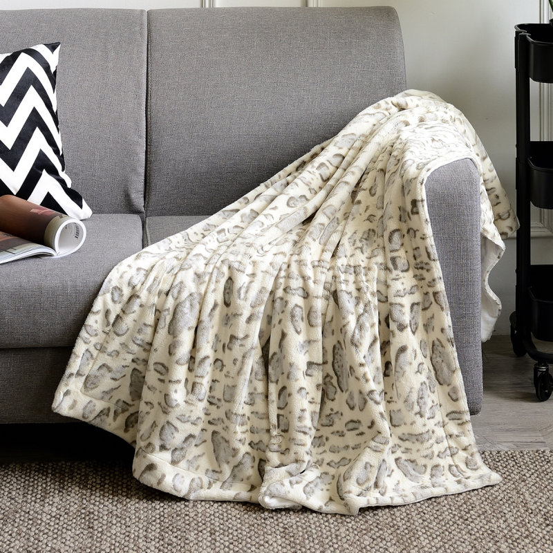 Couverture imprimée en fausse fourrure, Blanc, l 60 po x L 70 po