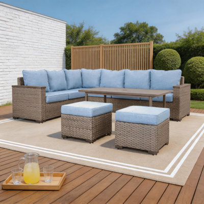 Elowen 82.5" 8-person Coastal All-Weather Resin Wicker Outdoor Sectional Sofa Set with Convertible 2-Height Dining Table, Reversible Olefin Cushions, 2 moveable ottomans