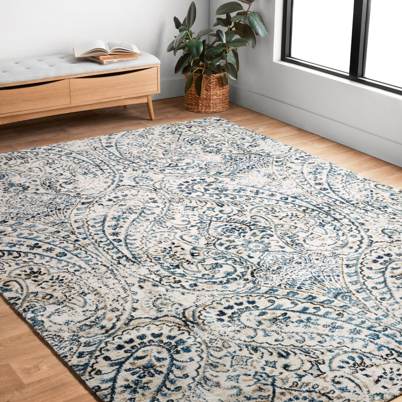 Tapis bleu / blanc Wainscott, Rectangle 6 pi 7 po x 9 pi 2 po