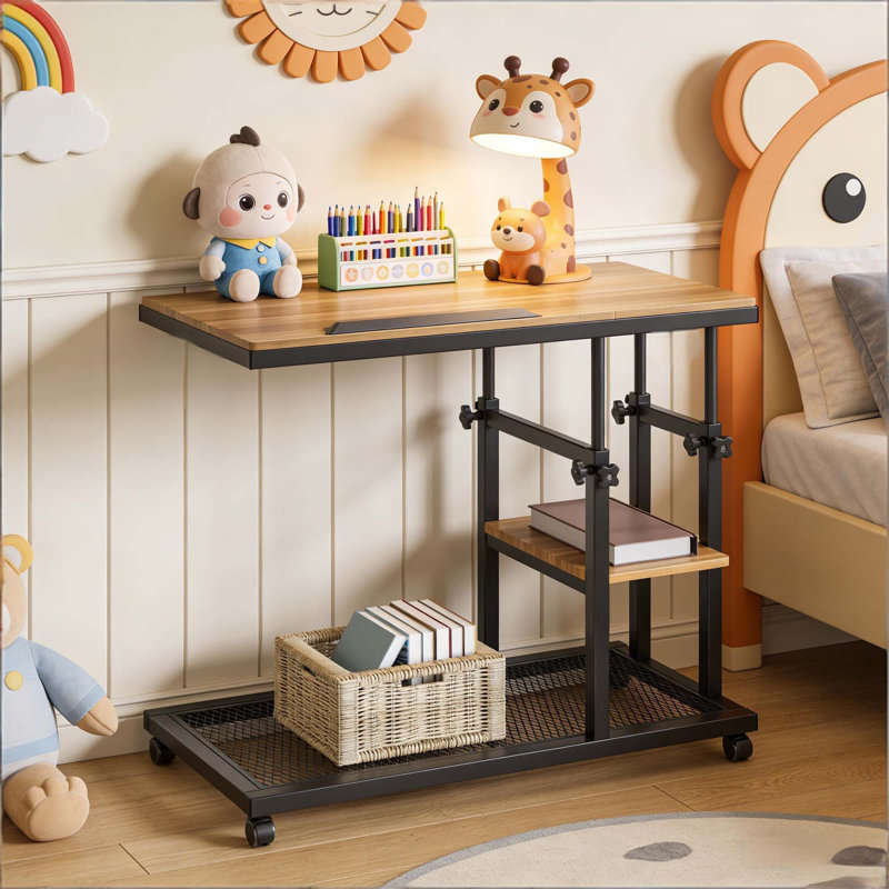 Table mobile en C réglable en hauteur avec planche à dessin inclinable et rangement latéral, parfaite pour les espaces de travail et de loisirs flexibles.
