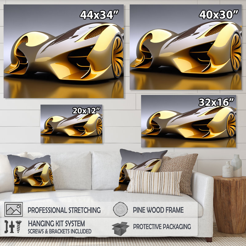 «Futuristic Golden Luxury Car I», reproduction sur toile, H 34 po x l 44 po x P 1,5 po, Toile tendue