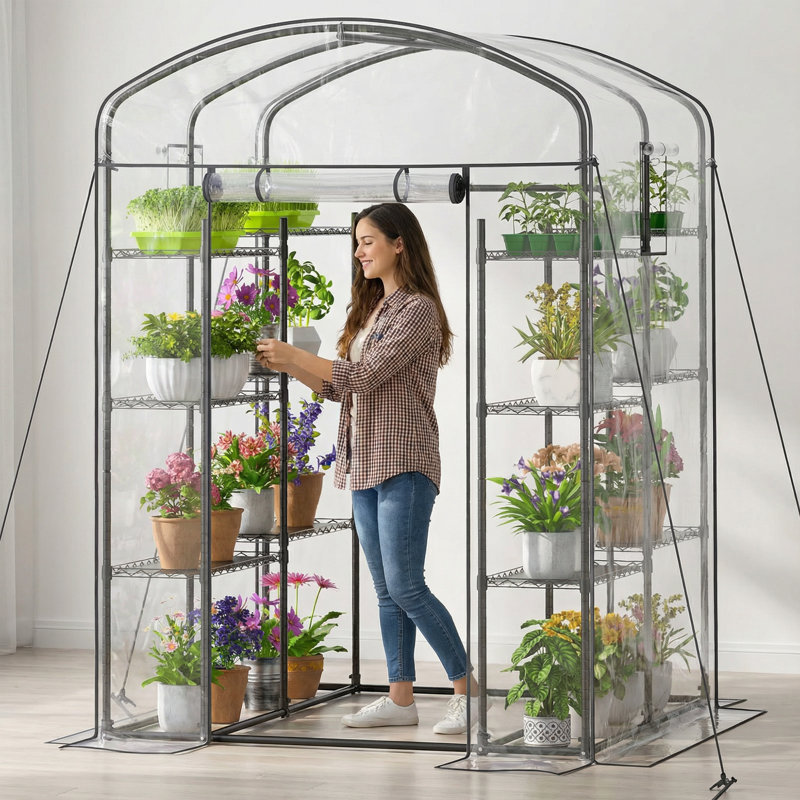 57" Walk-In Garden Greenhouse with Adjustable Shelves, Space-Saving Design, Heavy-Duty Steel Frame and PVC Cover for Plants, Flowers & Vegetables
