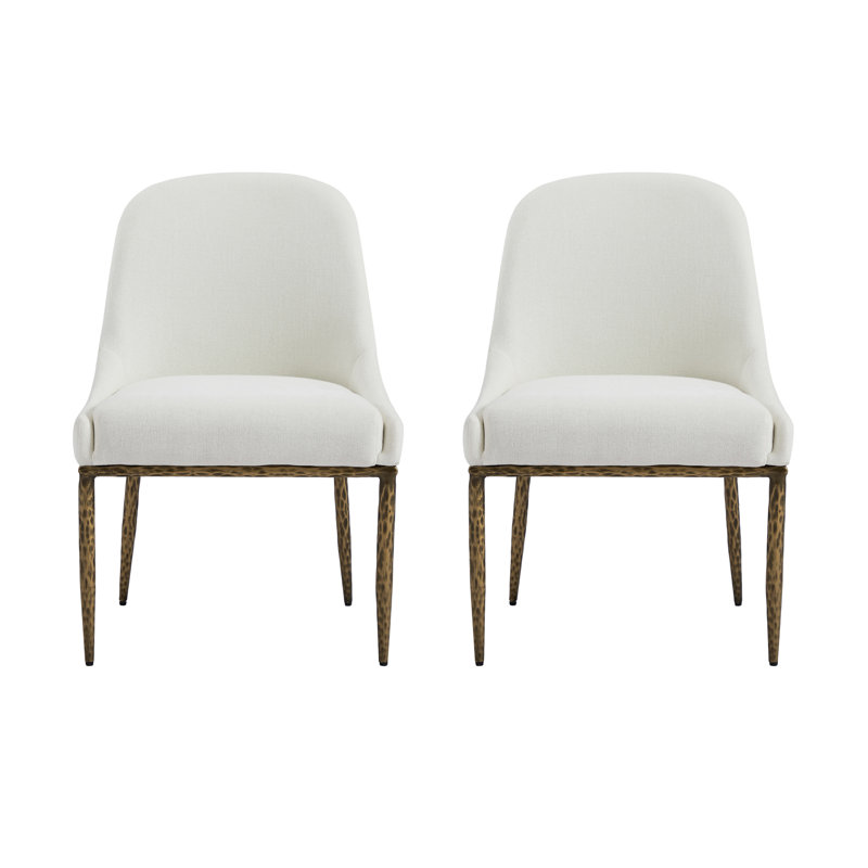 Urbina Modern Glam Upholstered Dining Chairs with Hammered Iron Legs, Beige Cushion/Forged Brass Frame