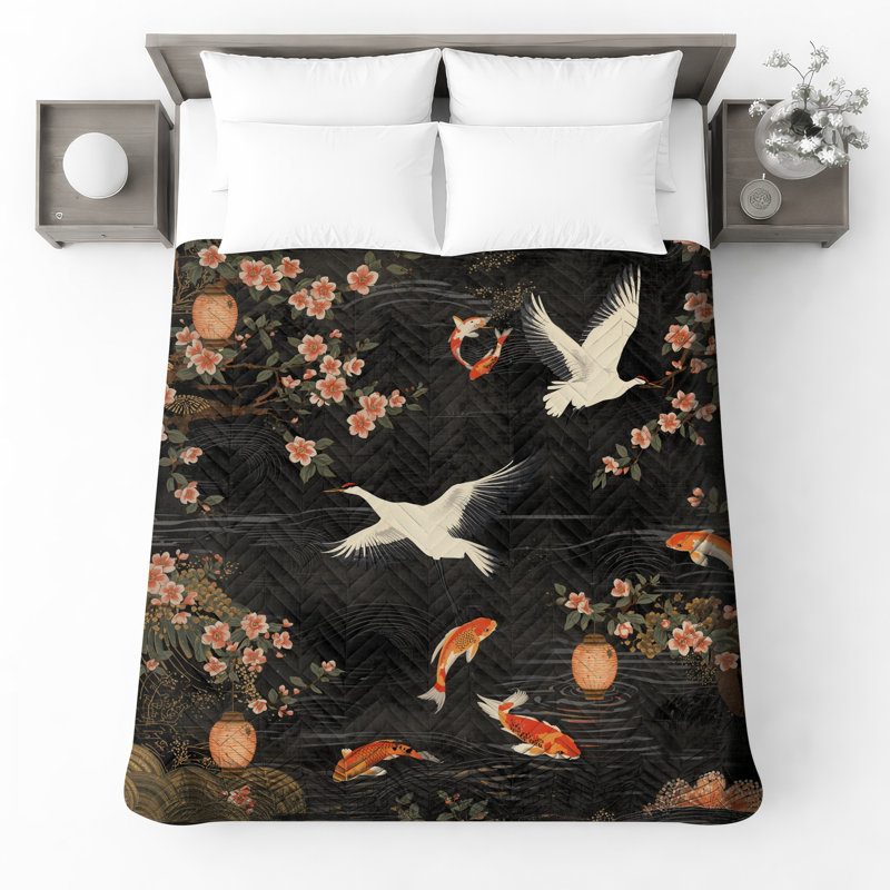 Couvre-lit matelassé Cranes and Koi, Double