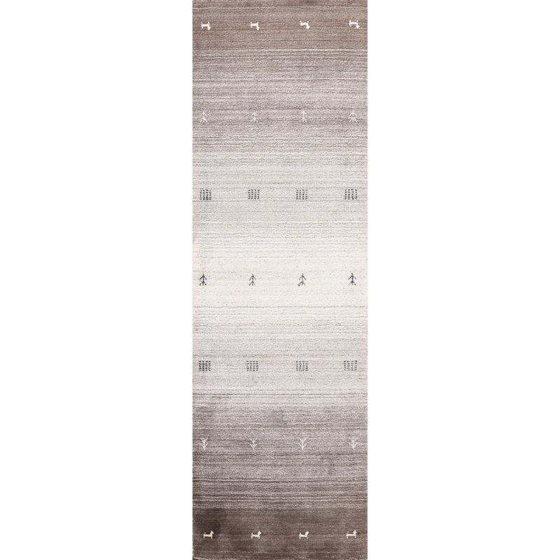 Tapis de couloir beige en laine noué à la main de conception unique 2 pi x 7 pi 5 po New Age