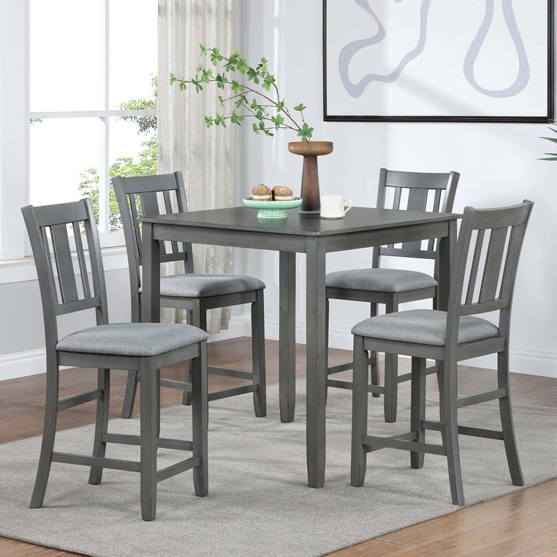 5 Piece Dining Table Set, Wooden Dining Square Table Set for 4, Counter Height Kitchen Table Set with Square Table and 4 Upholstered Chairs for Small Space, Grey