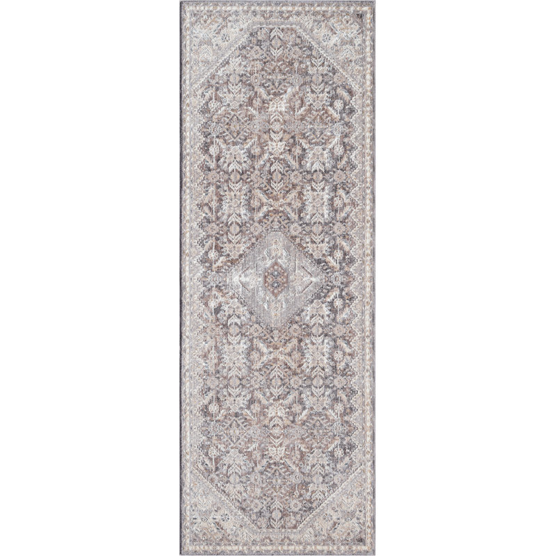 Tapis traditionnel Hult Austro - médaillon neutre avec finition patinée, Tapis de couloir 2 pi 7 po x 7 pi 2 po