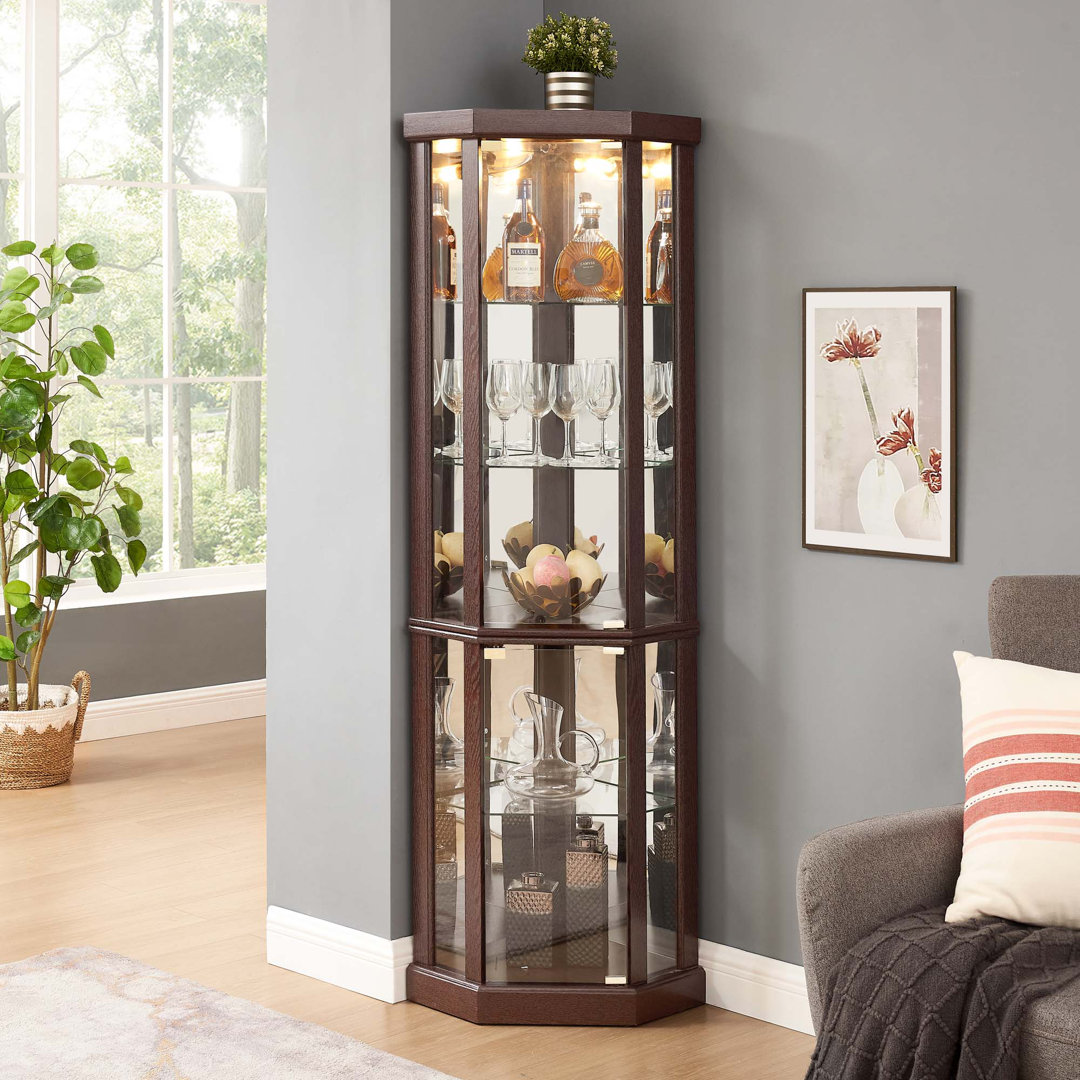 Therris Corner Lighted Curio Cabinet Corner Glass Cabinet Lighted Curio Cabinet Corner Display Case for Living Room, Curio Cabinet, Antique collection, Wine,Bar Glass Storage Light Included Winston Porter 