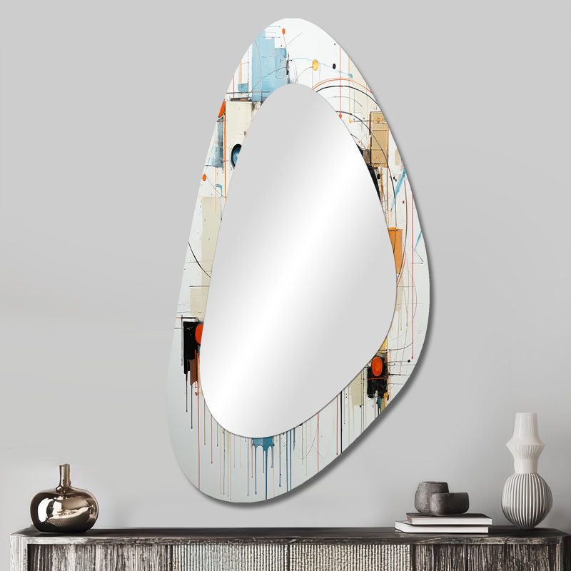 Gearldine Minimalisme jaune et bleu formes élégance III - formes grand miroir de forme unique, miroir mural décoratif asymétrique moderne, impression sur métal