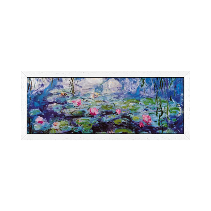 Nympheas by Claude Monet - Panoramic Painting on Canvas, 30.48 cm H x 91.44 cm W, White Framed