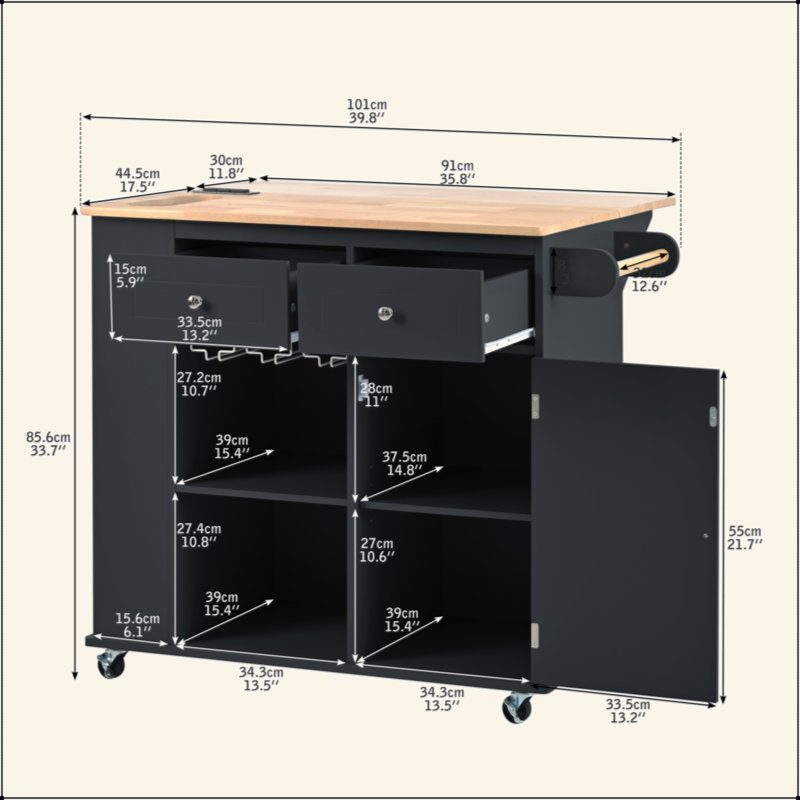 Kitchen Island With Power Outlet,Kitchen Storage Island With Drop Leaf And Rubber Wood,Open Storage And Wine Rack,5 Wheels,With Adjustable Storage For Home, Kitchen, And Dining Room, Black