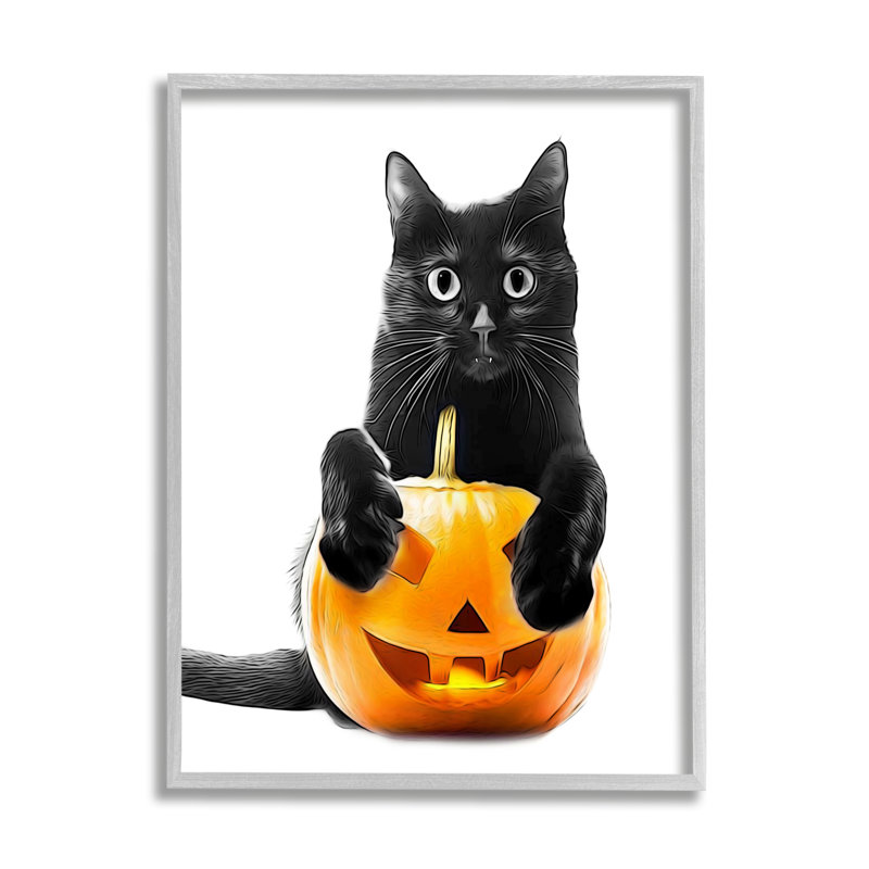 Chat noir et citrouille-lanterne par Annalisa Latella, Estampe numérique Farmhouse, H 14 po x l 11 po x P 1,5 po