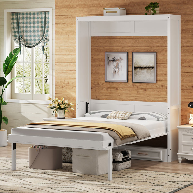 Lit escamotable double avec 2 tiroirs, pliable dans l'armoire, finition beige, poignées dorées, structure en bois massif